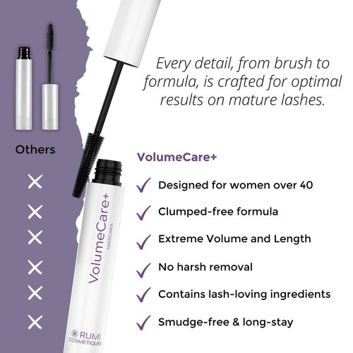 Rumi Cosmetiques VolumeCare+ Mascara For Mature Women - Extreme Length and Volume 2-in-1 Formula - No Clumps or Flaking, Long-Wearing, Hypoallergenic Mascara For Sensitive Eyes (Natural Black)