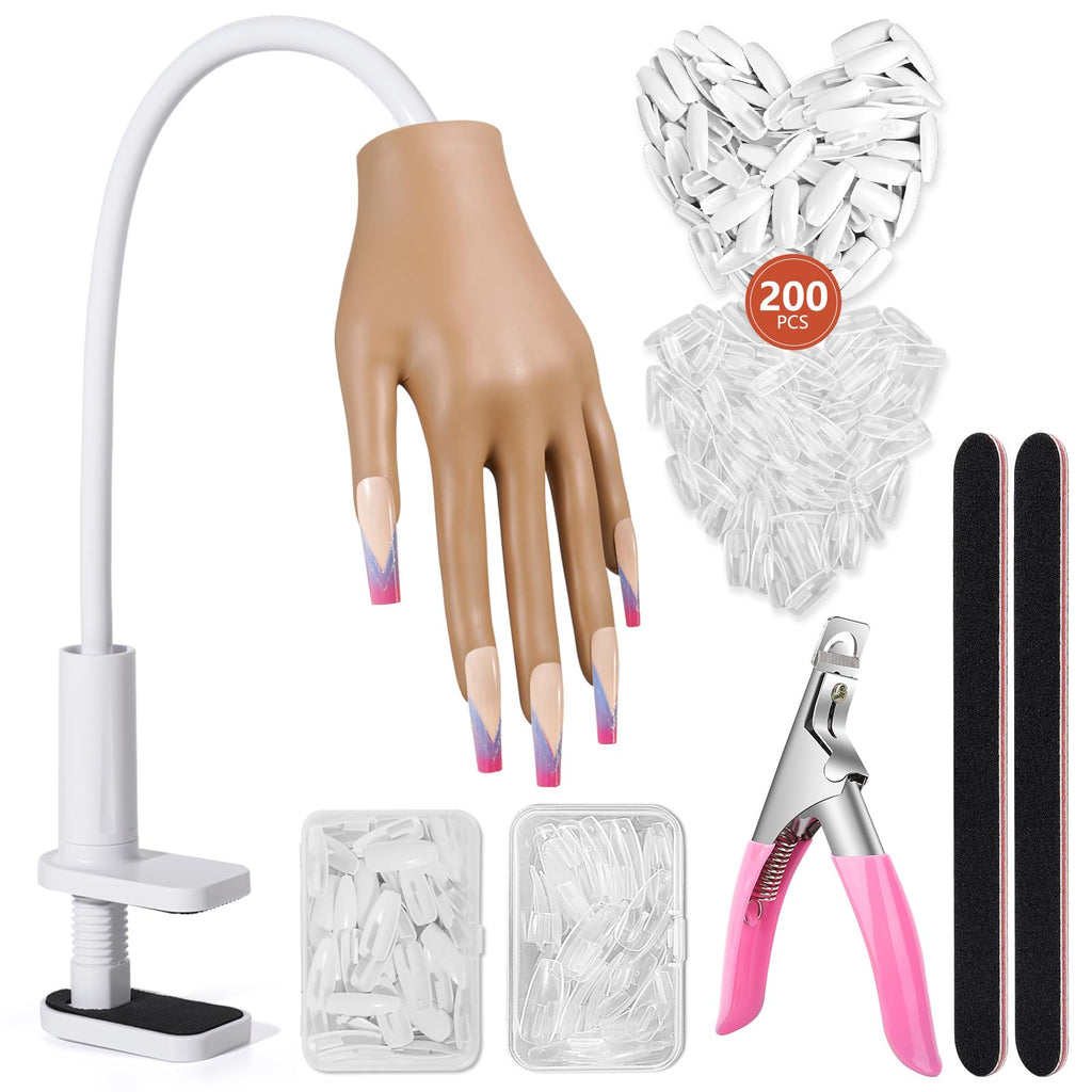 Wilfniee Practice Hand for Acrylic Nails: Nail Tips Won't Fall off Fake Hand for Nail Practice - Flexible Practice Nail Hand With 200PCS Nail Tips for Beginners Salon