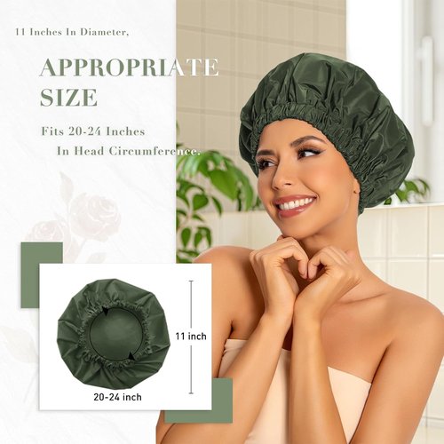 Skiennix Reusable Shower Cap - Large Waterproof Hair Bonnet with Elastic Band for Long Hair | Green
