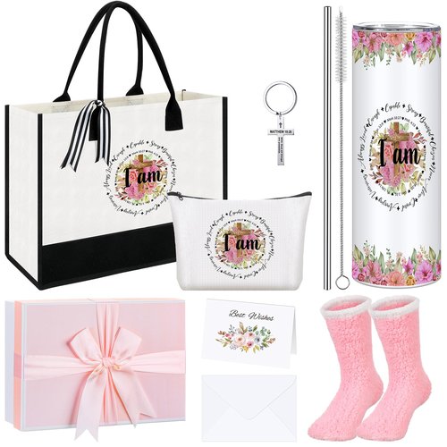 Paterr 7 Pcs Christian Gift for Women Include 20 oz Tumbler Religious Tote Bag Makeup Bag Socks Keychain Card Birthday Gifts(I Am)