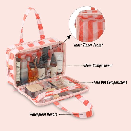 Travel Toiletry Bag for Women, Waterproof Clear Coated Portable Stripe Makeup Cosmetic Bag with Compartment, Travel Organizer for Shampoo, Conditioner, Brushes Set,Cosmetic Accessories(Pink-Orange)