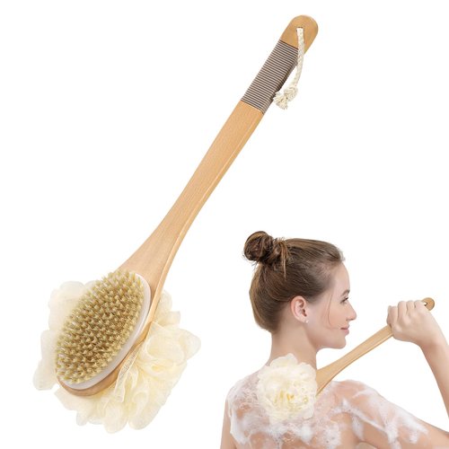 DEBETOOL Shower Loofah with Handle - Wooden Long Handle Shower Body Brush with Loofah for Exfoliating, Natural Loofah Back Scrubber for Women and Men