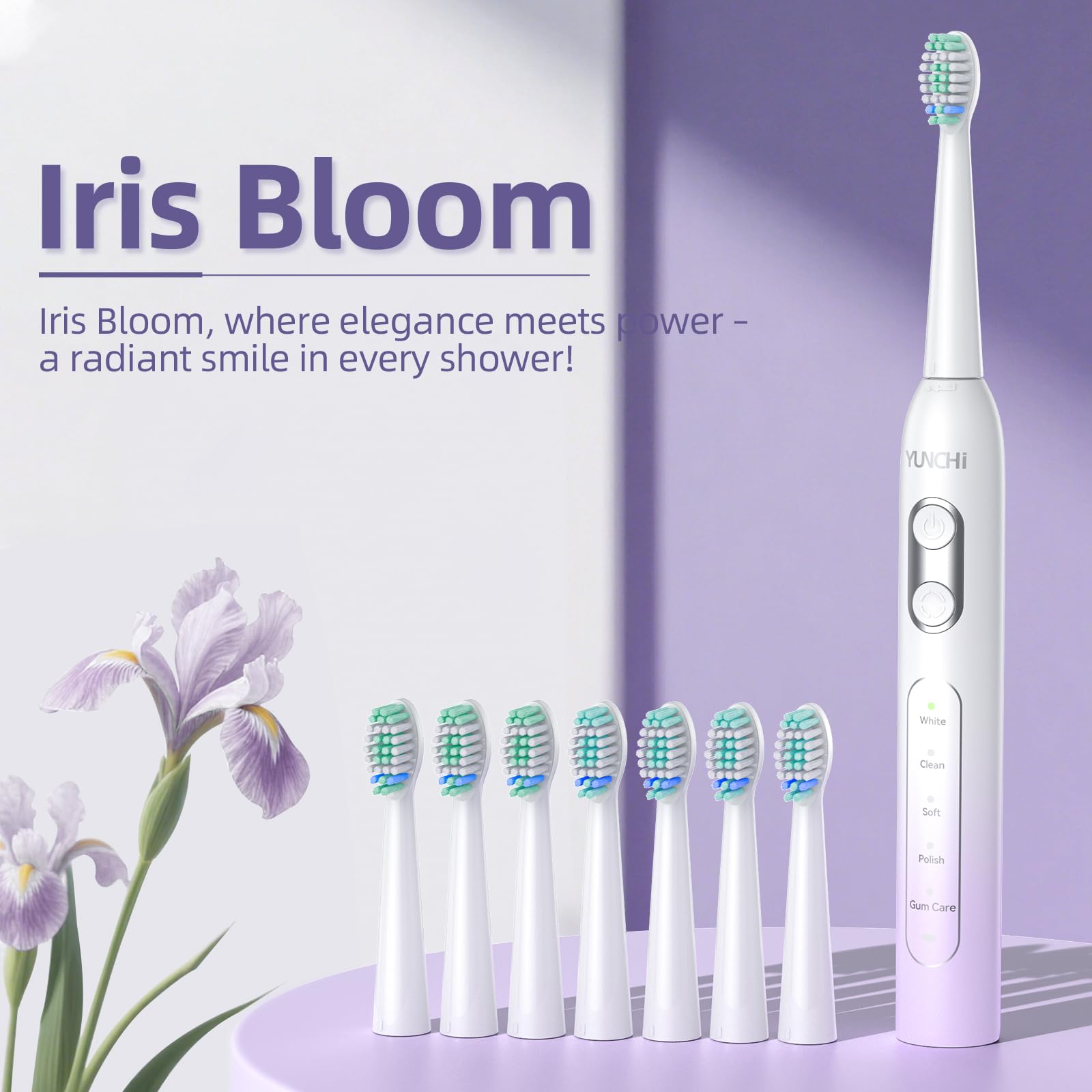 YUNCHI Electric Toothbrush Birthday/Valentine Plastic 8 Heads 24-Mo Deep Cleans Gentle Gums Removes Stains 3Hr USB-C 90d 2-Min Timer/30s IPX7 - Purple