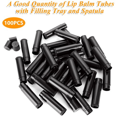 GBACHOOSE 100Pack Plastic Lip Balm Tubes 5ml/5g Black Lip Balm Containers, Chapstick Tubes Empty with Filling Tray and Spatula, Rotating Type Refill Lip with Cap for DIY