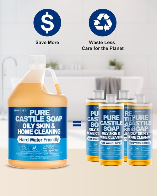 FLOWHYET Pure Castile Soap Liquid Unscented 1 Gallon(128 fl oz) Refill, Organic Body Wash Bath Soap Castile Liquid,Hard Water Oily Skin Friendly for Body, Face, Hand, Multi-Purpose Home Cleaner