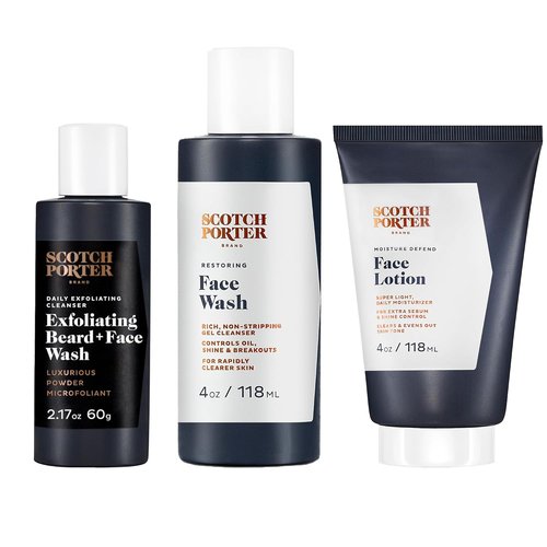 Scotch Porter Men’s Face Care Collection | Exfoliate, Cleanse & Moisturize Skin - Includes Wash, Exfoliating Wash & Lotion