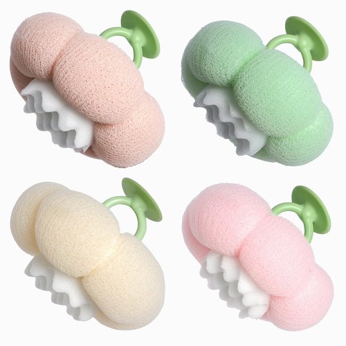 2026 Super Soft Flower-Shaped Suction Cup Bath Sponge, Upgraded 2-in-1 Flower-Shaped Ball Exfoliating Bath loofah Cleaning Brush, Mesh Shower Body Sponge Accessories for Women, Men Shower (4 Color)
