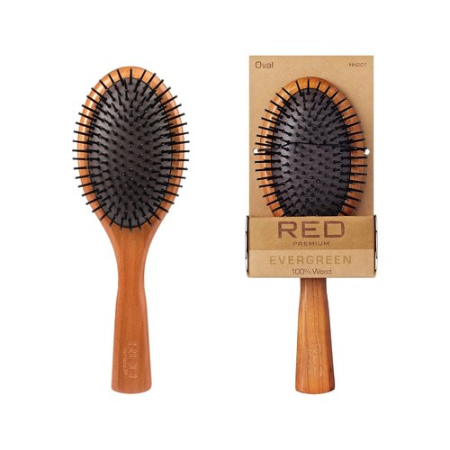 RED Premium Evergreen Wooden Paddle Brush - Detangling Hair Brush for All Hair Types (Oval)