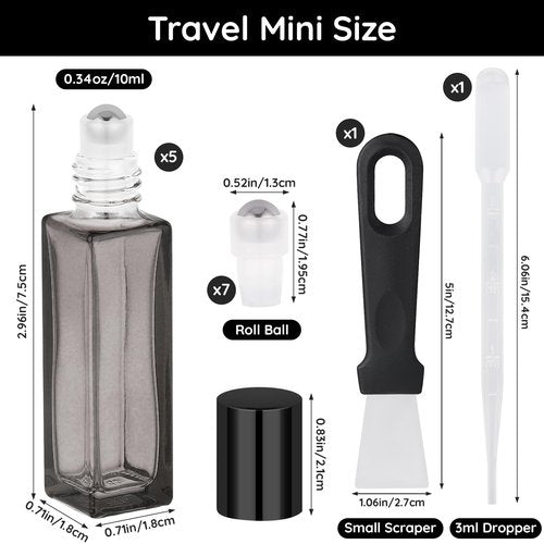Segbeauty 0.34oz Essential Oil Roller Bottles for Travel, 5 Pack of Glass Roller Bottles Applicator 10ml, Refillable Roll on Bottle in Mixed Color, Travel Perfume Oil Bottle with Dispensing Tool Set