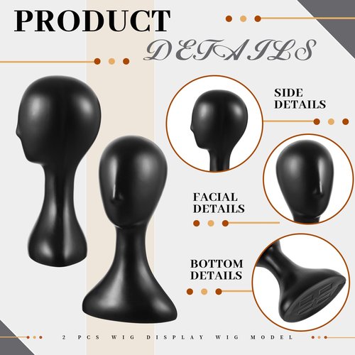 Leinuosen 2 Pcs 16 Inch Professional Mannequin Head Plastic, Realistic Durable Women Model Torso Styling for Wig, Making Styling, Hat, Mask, Headdress, Jewelry, Sunglasses Decor (Black)