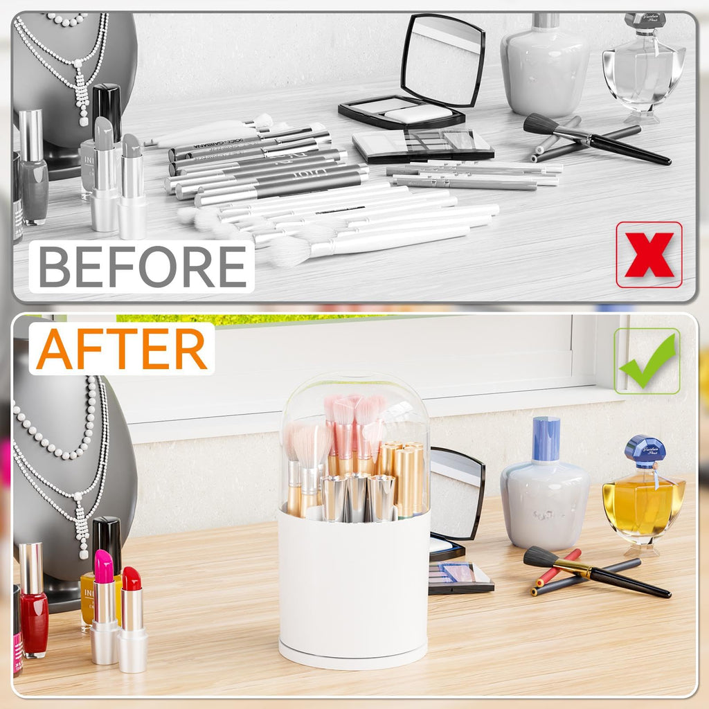 Yieach Rotating Acrylic Makeup Brush Holder with Lid for Vanity,Bathroom,Countertop,Covered Makeup Brushes Organizer,Round Spinning Cosmetic Brushes Holder and Make up Brush Storage with Cover,White