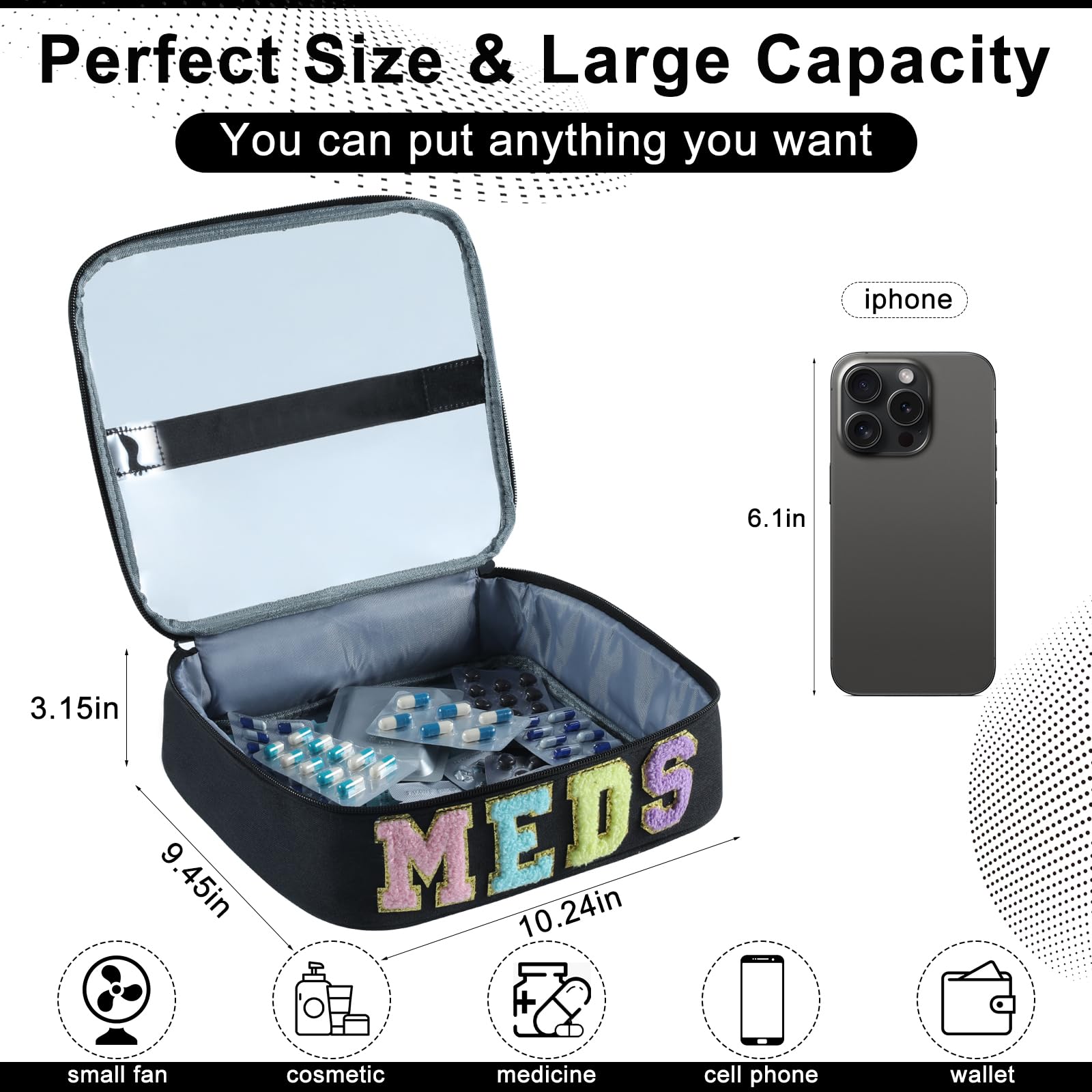 YUDEYG Medicine Bag Organizer for Travel - Large Transparent Top Pill Bottle Organizer with MEDS Patch, Water-Resistant Nylon Medication Bag for Toiletries & Cosmetics (Black, Navy, Gray) (Black)