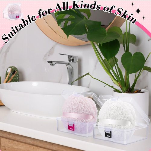 Tioncy 4 Pcs Extra Large Powder Puff for Body Powder 6 x 6 x 3 Inches Powder Puff and Container White Pink Soft Loose Powder Puff and Clear Container for Women