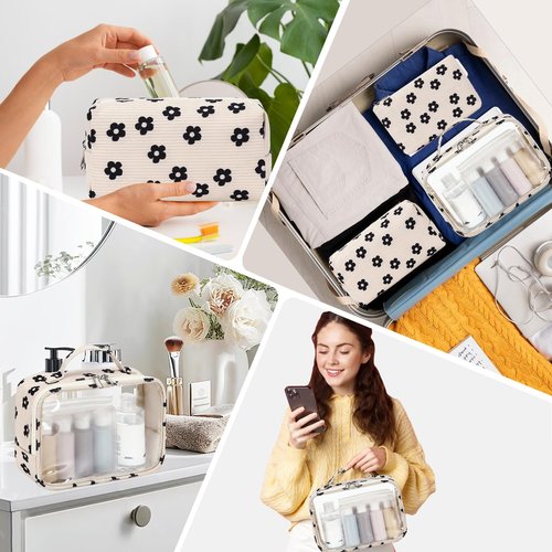 Bluboon 3Pcs Makeup Toiletry Bag for Women, Clear Packing Cubes Cosmetic Bag for Travel Women With Zipper Travel Essentials (Corduroy Floral 95)
