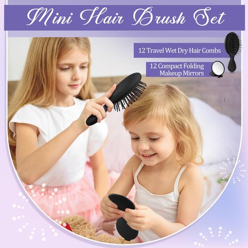 Meanplan 48 Pcs Mini Hair Brush Set 24 Travel Wet Dry Hair Combs Pocket Detangling 24 Compact Folding Makeup Mirrors for Spa Sleepover Birthday Bridal Shower Bachelorette Christmas Party Gift(Black)