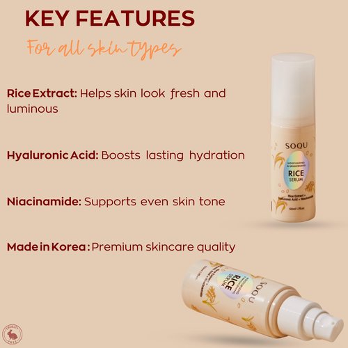 SOQU Moisturizing Facial Rice Serum - Hydrating and Brightening Formula with Niacinamide and Hyaluronic Acid for Radiant Skin - 50ml 1.69oz - Made in Korea (50ml / 1.69fl oz, Rice Serum)