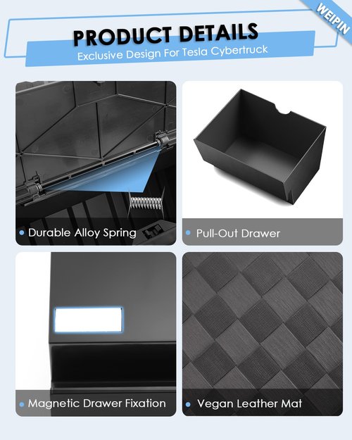 For Tesla Cybertruck Floor Console Organizer - [Easy To Install] Push to Open 2-in-1 Cyber Style Car Trash Can& Console Storage Vegan Leather Mats for 2024 2025 Cybertruck-Waterproof Drawer Organizer
