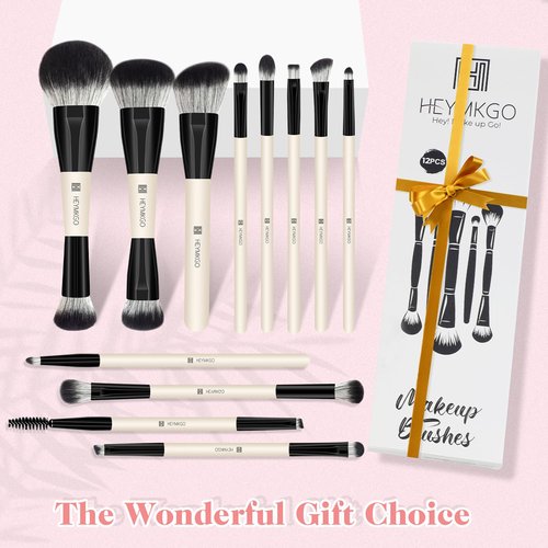HEYMKGO Makeup Brushes Set, 12Pcs Professional Dual-ended Foundation Contour Powder Eyeshadow Brushes for Liquid, Cream, Powder for Blending Face Brush Tools - Bag Included, Great for Travel, Black