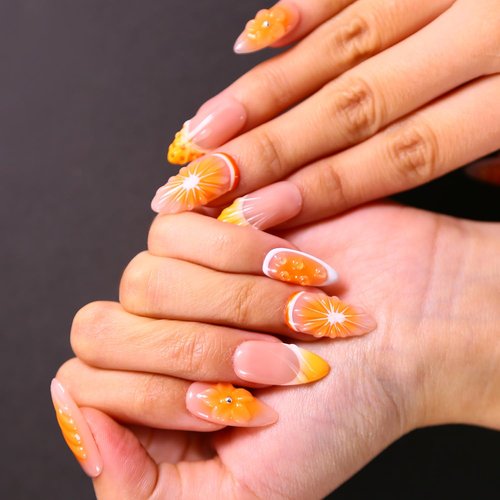 MAGLFELL Press on Nails Medium Length Almond Fake Nails, 3D Shell Nails Design,10 Pcs Reusable ABS Material Finger Painting Nail Tip Salon Artificial Nails for Women (Size M)