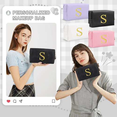 Personalized Gift Initial Makeup Bag,Preppy Gold Embroidered Letter Cosmetic Bag Stocking Stuffers for Teen Girls,Small Travel Toiletry Bag,Custom Christmas Birthday Gift for Women Mom Kids(Black-S)