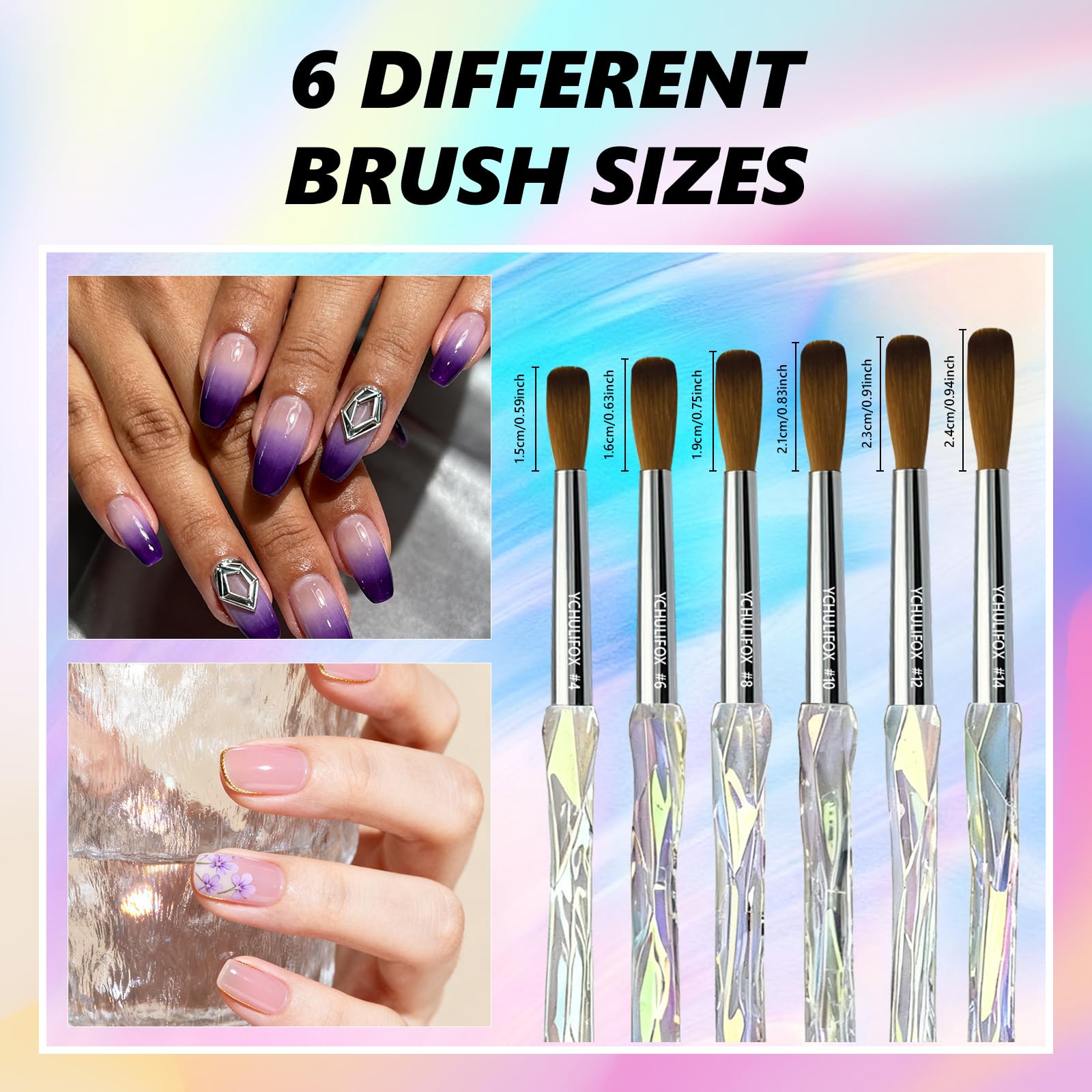 YCHULIFOX,Acrylic Art Nail Kit with 6-Size Brushes (4/6/8/10/12/14) for Dip Powder & Gel Nail Art, Easily Reinforce Nail Extensions for DIY Home Salon & Professional Use.