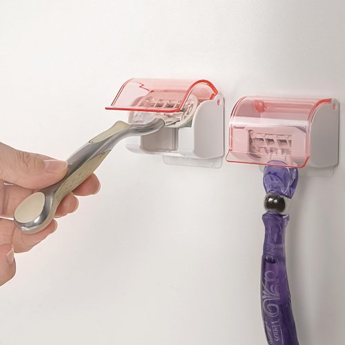 LUEXBOX 2 Pack Razor Holder with Cover for Shower Wall, Self Adhesive Razor Stand Shaver Organizer, Plastic Razor Hanger Hooks Compatible with Fusion 5 Proglide, Mach 3 Classic (Clear Pink)