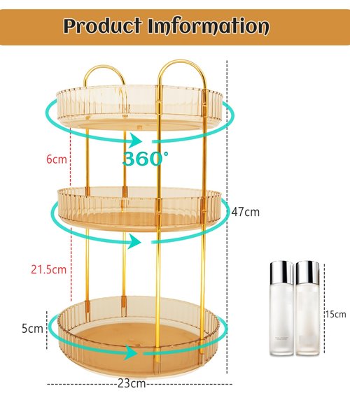 Skincare Organizers 360 Rotating, 3 Tier Round Makeup Organizer Countertop,Holder Rack Large Spinning Cosmetics Display Cases, Perfume Beauty Storage for Vanity, Countertop, Bathroom (Gold-3 Tier)