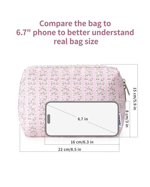Narwey Floral Makeup Bag - Travel Cosmetic Organizer with Compartments for Women | Large Pink Flower Design