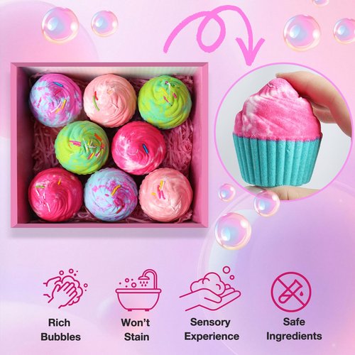 Bath Bombs for Kids with Surprise Jewelry Toys Inside, 8 Cupcake Bath Bombs Gifts Set, Girls, Teens, Kids Easter Valentines Day Gift Birthday, Handmade Fizzes Bubble Spa Bath Kit for Girls