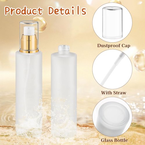 8 Pcs 120ml/4oz Frosted Glass Bottles Refillable Pump Dispenser Jar Travel Lotion Vials with Plastic Pump Head for Toiletry Liquid Foundation Cream Cosmetic Samples - Gold