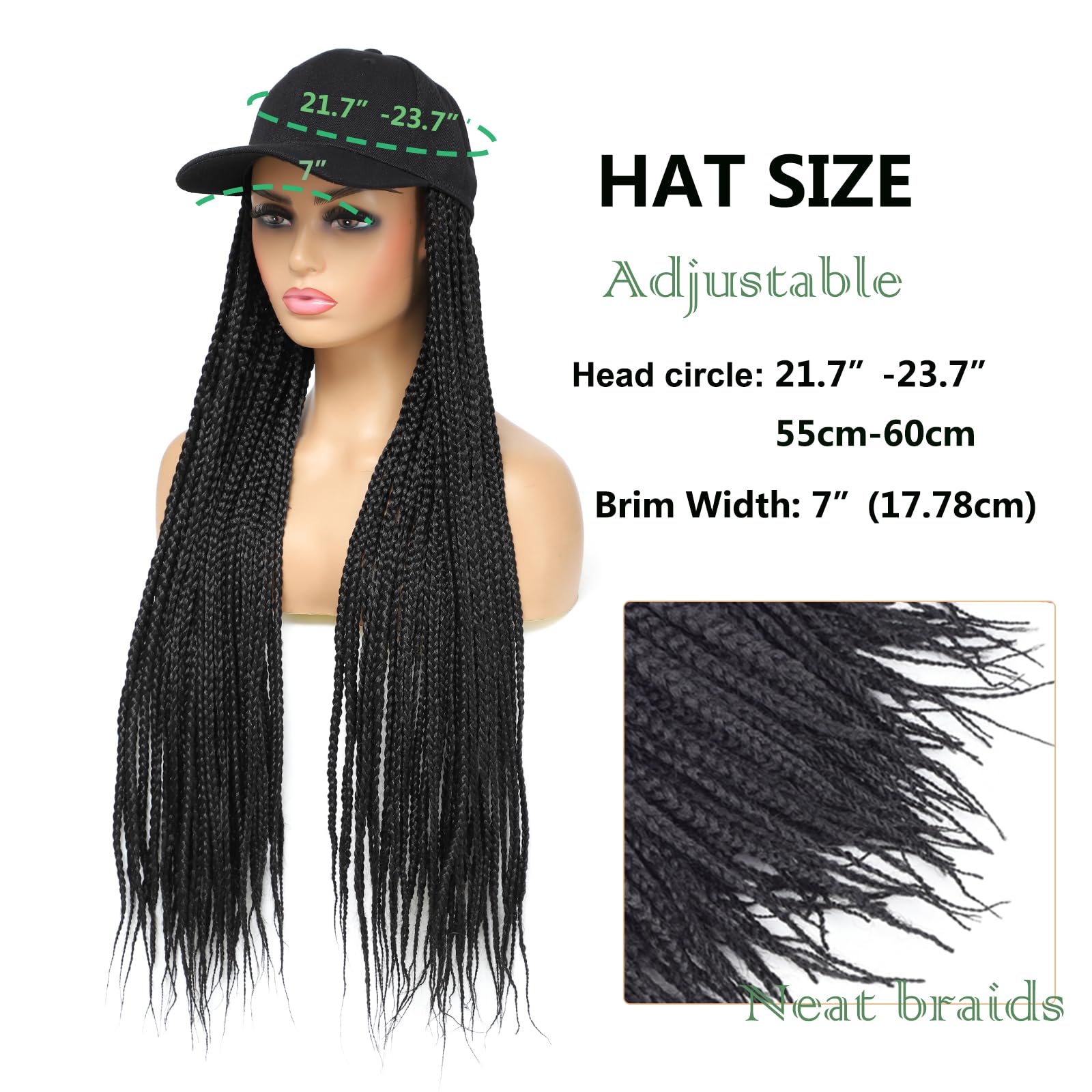 Yunkang Hat Wig for Women Baseball Cap with Braided Hair Attached Synthetic Black Box Braid Wig Hat Adjustable Cap with 24inch Black Braids for Daily Outdoor Use