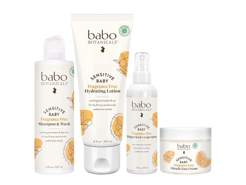 Babo Botanicals Baby Care Essentials Gift Set | Fragrance-Free Skincare & Bath for Delicate Skin - 5 Natural Items with Reusable Pouch