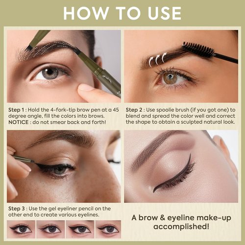 UCANBE Eyebrow Pen - Dual-Ended Pencil with 4-Fork Tip & Gel Eyeliner for Natural Hair-Like Strokes | Dark Brown