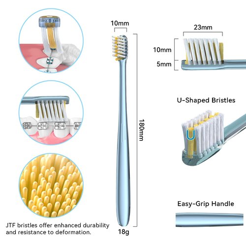 JTF Orthodontic Manual Toothbrush for Braces: 6 U-Shaped Tooth Brush with 6 Interdental Brushes, Ultra-Durable Bristles for Stain Removal and Deep Oral Clean, Toothbrushes for Tooth with Dental Device