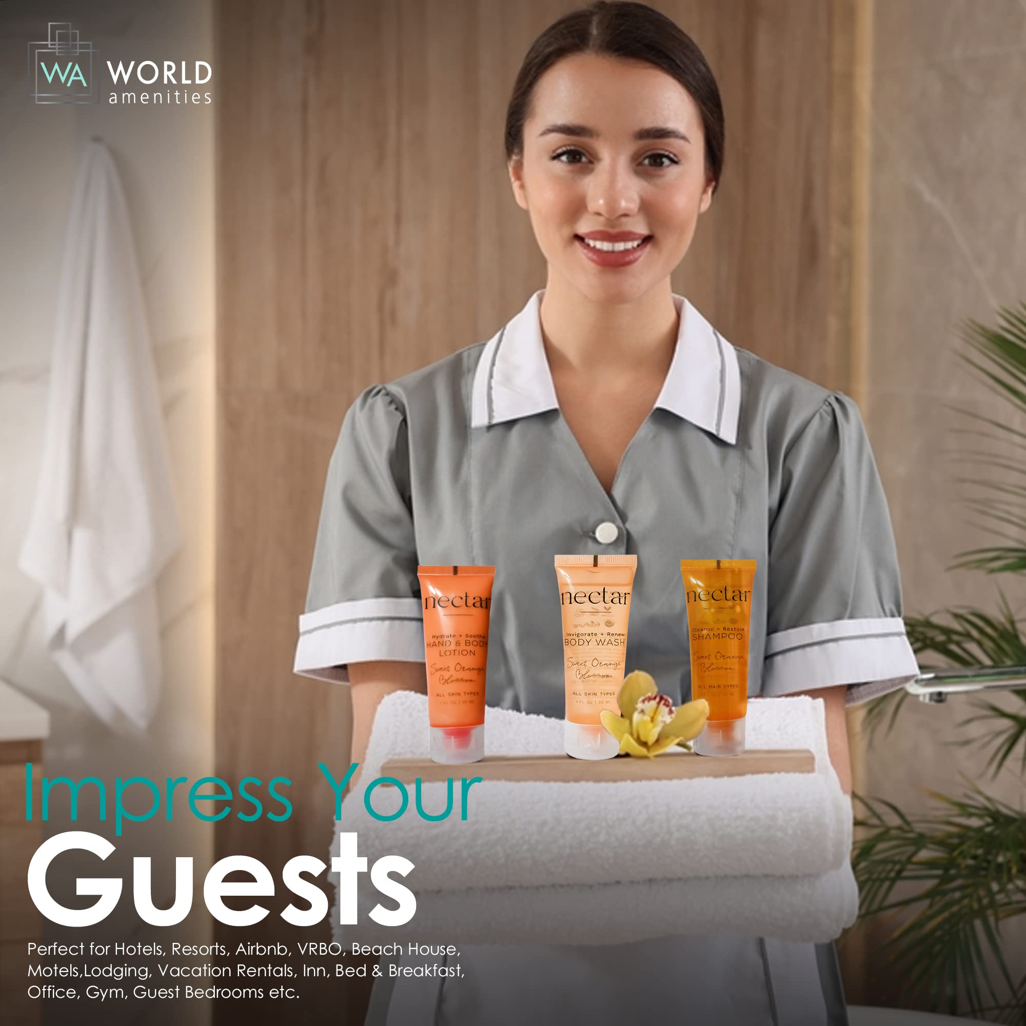 World Amenities Nectar Hand & Body Lotion | 50 Count, 1 oz | Sweet Orange Blossom, Mini Travel Size Toiletries (100% Recyclable Tube with Flip Top Cap) Hotel Amenities, Suitable for All Skin Types