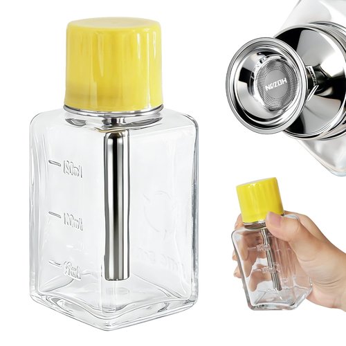ffresiss Glass Acetone Dispenser, Push Down Pump Alcohol Dispenser with Metal Cover, Nail Polish Remover Liquid Pump Square Bottle Hand Pumping Rubbing Press Container, 6oz / 180ml