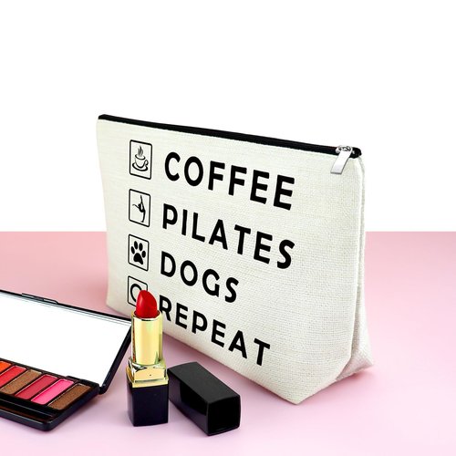 Mxrymvu Coffee Lover Gifts Makeup Bag Pilates Lover Gift Travel Bag Pilates Gifts for Women Birthday Zipper Pouch Funny Dog Lover Gifts New Pet Owner Gifts Coffee Pilates Dogs Repeat Cosmetic Bag