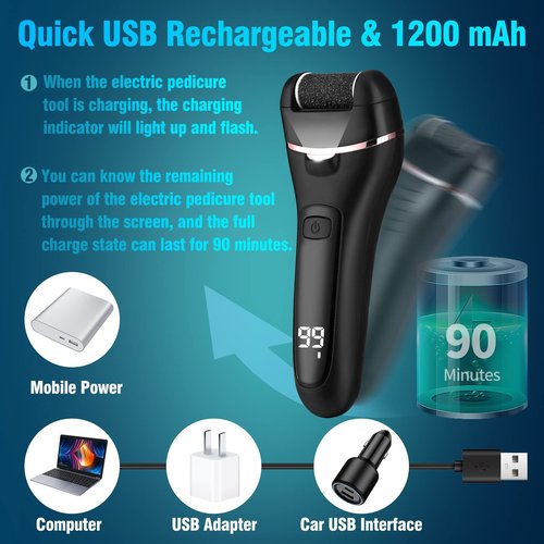 Electric Foot File, Wetisedg® Rechargeable Callus Remover for Feet, Hard Skin Remover, Pedicure kit with 3 Rollers LED Light, Foot Care Kit (Black)