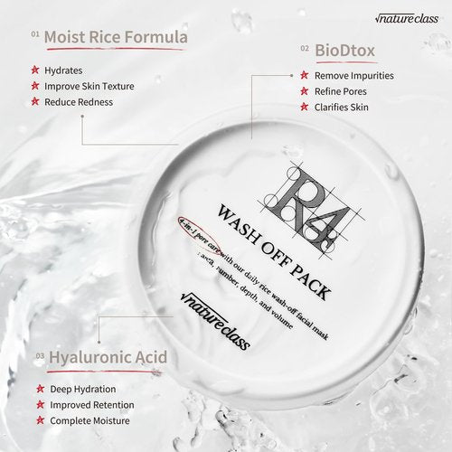 NATURECLASS R4 Rice Wash Off Facial Mask – 4-in-1 Korean Skin Care, Pore Refining, Gentle Exfoliating, Hydrating, Smooth Texture, Rice Ferment & Enzyme, Soft Cream Wash-Off, 3.38 fl oz