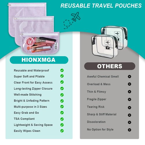 HIONXMGA TSA Approved Toiletry Bag, Set of 3 Clear Travel Toiletry Bag Quart Size Zipper Travel Pouch, Waterproof Makeup Cosmetic Bag for Women Men Kids Toiletries Carry on, Wander