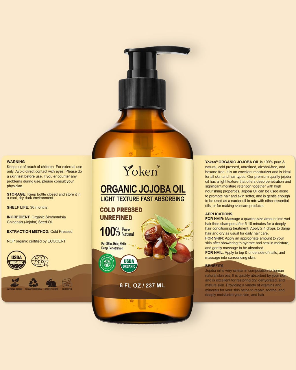 Yoken Organic Jojoba Oil - 100% Pure & Natural Cold Pressed Oil for Hair, Skin & Face | 8 fl oz Glass Bottle