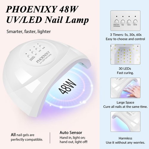 phoenixy Gel Nail Polish Kit with U V Light 48W, 56 Pcs 108 Effects Gel Nail Polish Kit Base Matte Glitter Top Coat Manicure Nail Set Gifts for Women
