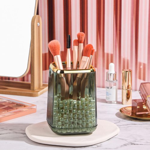 RAMFIYN Gold Clear Makeup Brush Holder, Vintage Cosmetic Beauty Organizers Cup for Vanity, Lip Pencil Holder Vintage Lipstick Holder - Green