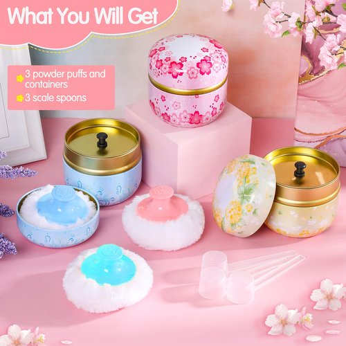 3 Pieces Body Powder Puff and Container, Baby Powder Container Floral Pattern with Large Fluffy Plush Puff Spoon, Baby Woman Loose Dusting Powder Tea Box for Home & Travel Use (Pink, Blue and Yellow)