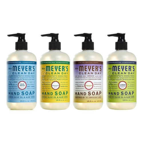 Mrs. MEYER'S CLEAN DAY Liquid Hand Soap 4 Pack Variety, Honeysuckle, Rain Water, Compassion Flower, & Lemon Verbena, 12.4 OZ Each, 1 CT Variety Pack
