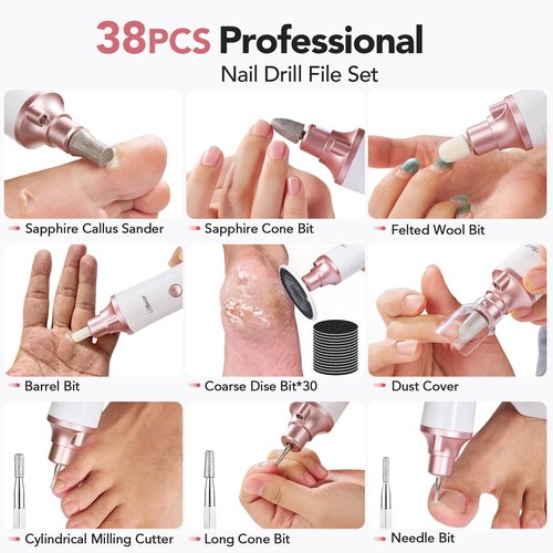 Litbear Electric Nail Drill File Set, 15 Speed Professional Nail Grinder for Thick Toenails, Cordless Pedicure Manicure Tool Callus Remover for Women Men Senior Hand Feet Care, Home Salon Use (White)