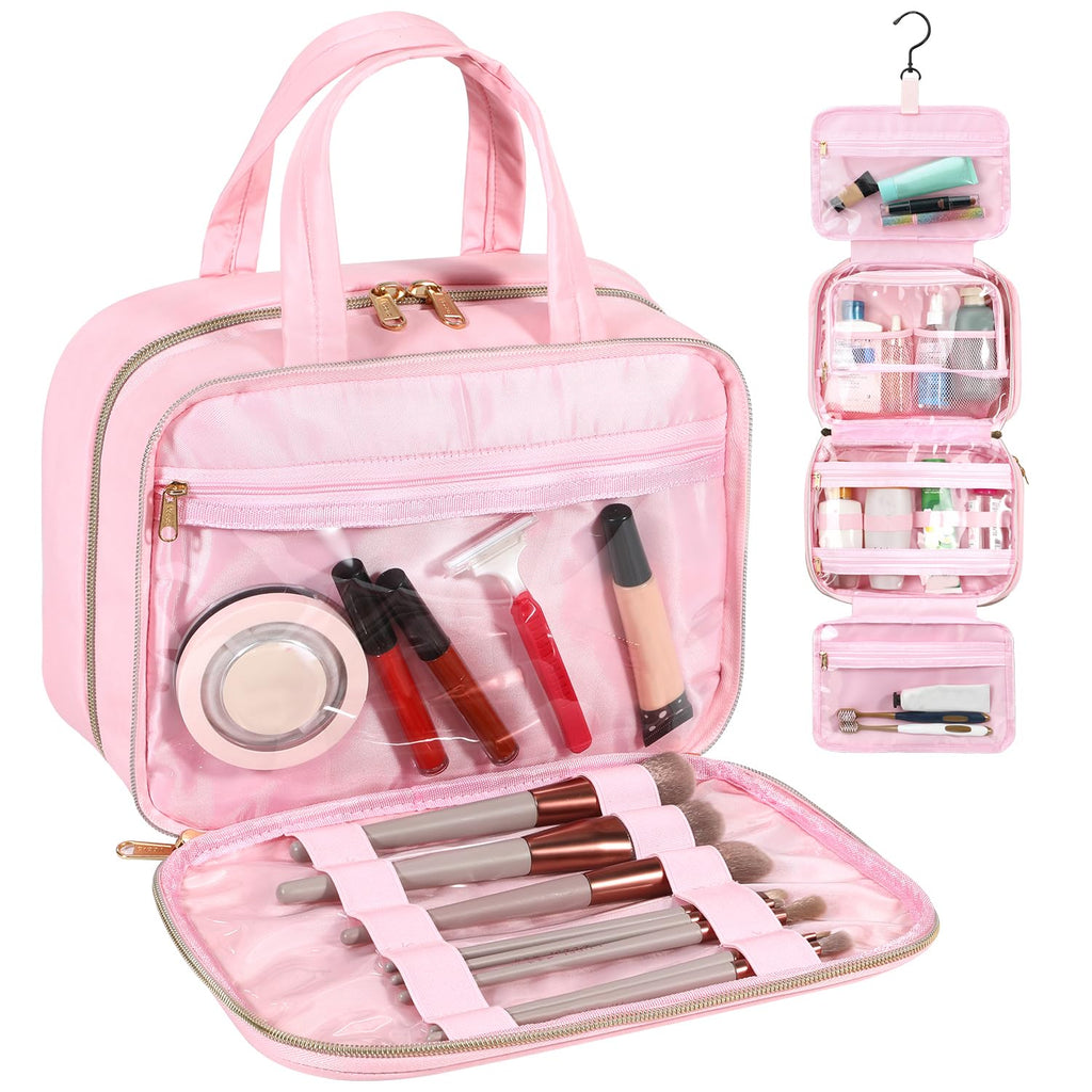 Voova Hanging Travel Toiletry Bag for Women Men, Waterproof Makeup Cosmetic Organizer Holder for Toiletries Accessories, Traveling Essentials,Shampoo,Full-Sized Container, Brushes Kit Set, Pink