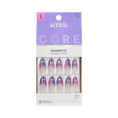 KISS CORE, Press On Nails, Nail glue included, 'Twinkling Stars', Purple, Long Size, Almond Shape, Includes 32 Nails, 2g Glue, 1 Manicure Stick, 1 Mini File