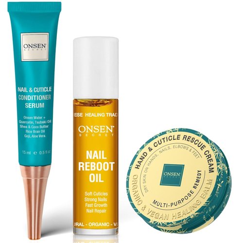 Onsen Nail & Cuticle Rescue Kit - Strengthening Conditioner Serum, Repair Oil & Balm | Tsubaki, Shea Butter, Jojoba (15ml Serum + 10ml Oil + 32.5ml Cream)