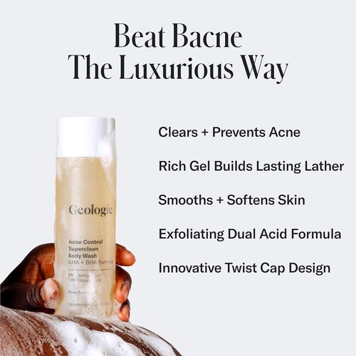 Geologie Acne Control Body Wash - Exfoliating AHA + BHA Cleanser for Men & Women | Reduces Bacne & Body Breakouts | 8.4 Fl Oz